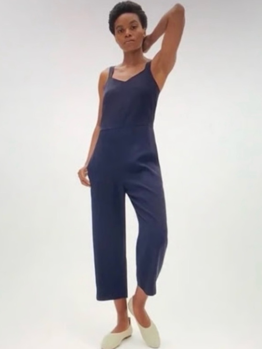 Everlane Japanese Go Weave Slip Sleeveless Pockets V Neck Navy Jumpsuit